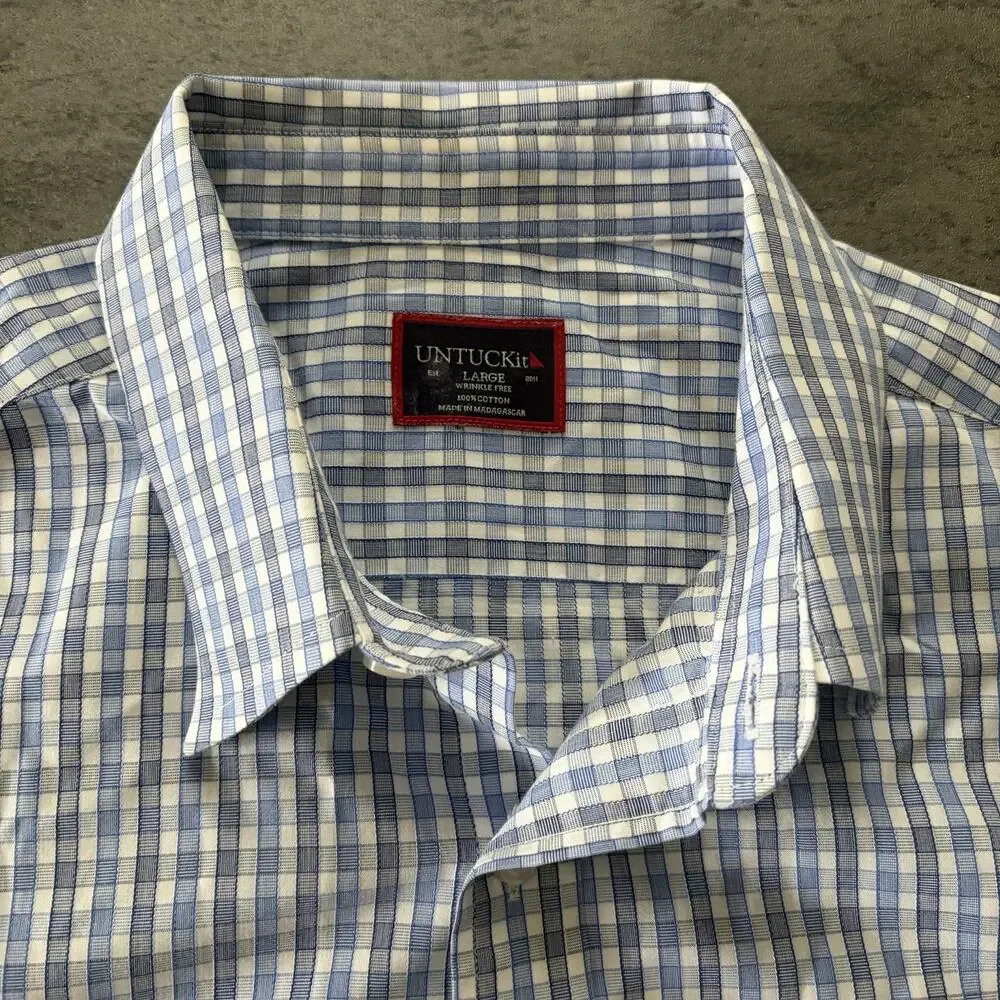 UNTUCKit Mens Large Blue White Plaid Wrinkle Free Button Down Shirt